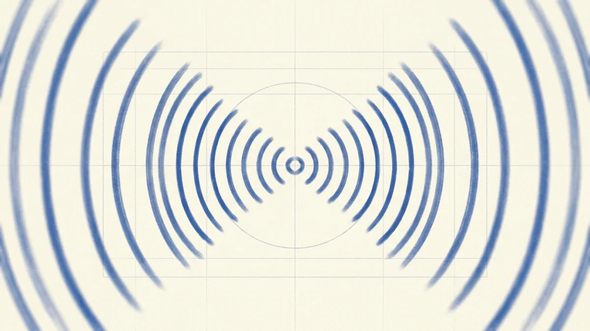 Concentric cobalt-blue signal arcs over a faint blueprint grid