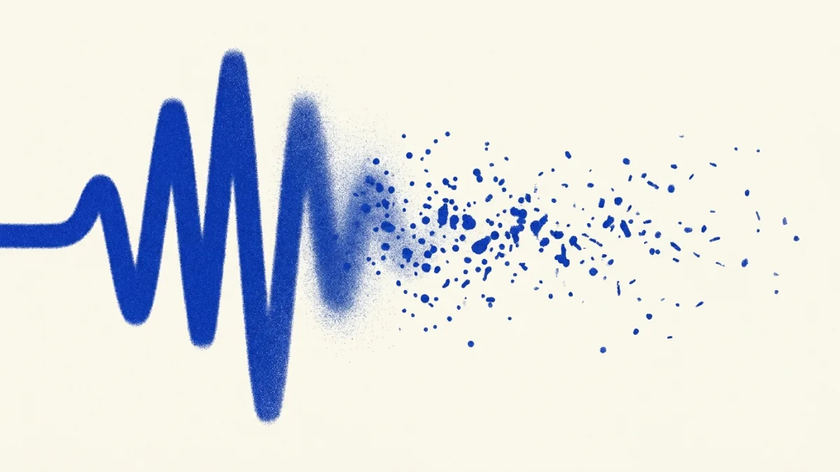 A cobalt-blue waveform breaking apart into scattered dots